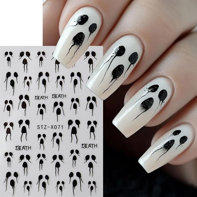 6pcs Ghost Halloween Nails Stickers with Tweezers Heart Spider Web Blood Dripping Spiders Boo Cute Ghost Goth Nails Decals Halloween Art Party Nail Supplies for Women DIY Nail Charms Decorations
