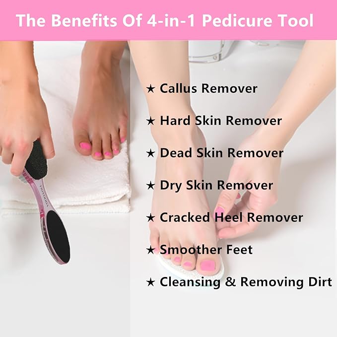 Foot File Callus Remover 4-in-1, 2 Pcs Feet Scraper Pedicure Tools with Pumice Stone, Scrubber Brush, Foot Rasp and Sand Paper, Double Sided Multi Purpose, Clear Black and Pink