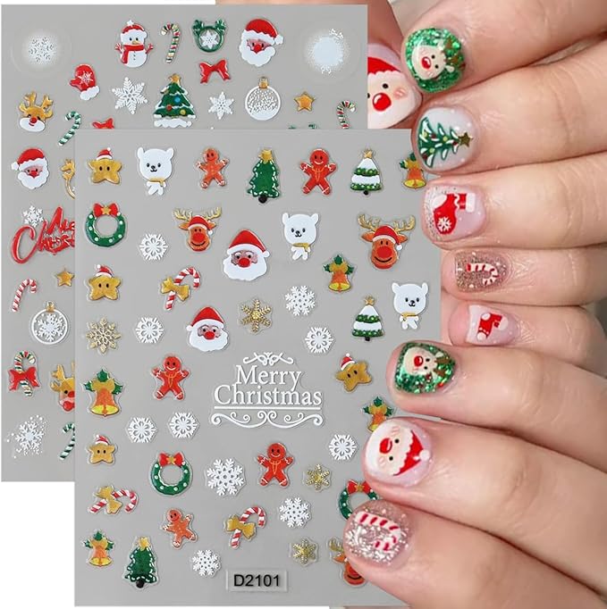 6 Sheets Christmas Nail Stickers, Christmas Tree Bell Snowflake Nail Art Stickers 3D Self-Adhesive Nail Art Supplies Santa Claus Elk Design Winter Xmas Nail Decals for Women DIY Holiday Manicure Decor