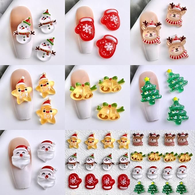 100Pcs Christmas Nail Charms and Gems 3D Christmas Tree Santa Claus Snowman Deer Nail Rhinestones Jewelry Supply Christmas Xmas Nail Art Charms for Women DIY Manicure Holiday Party Nails Decoration