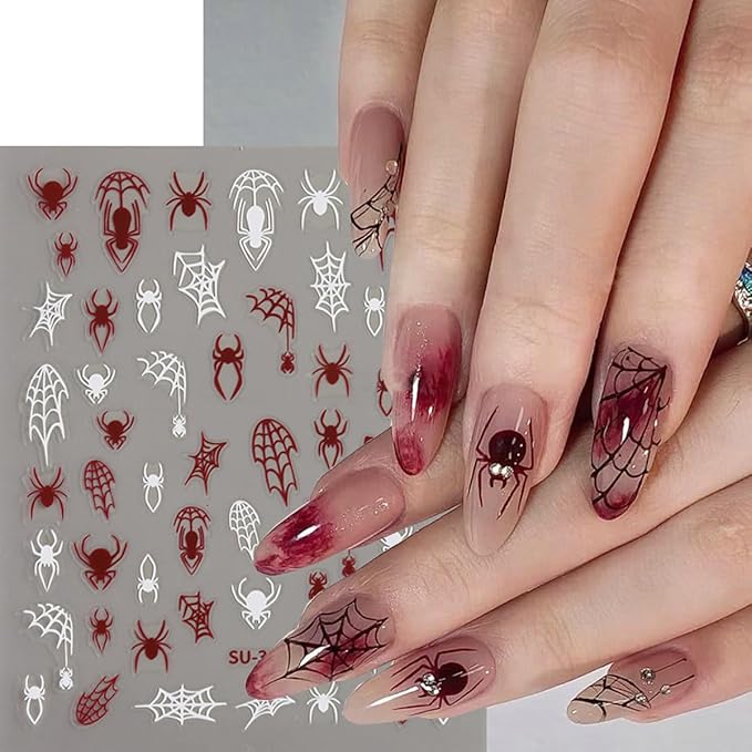 Spider Web Halloween Nail Stickers,Halloween 3D Nail Spider for Nail Art Self-Adhesive Glue Finger Nail Decals Spider Web Black Red White Design Holographic Spiders Manicure Art Supplies Decoration 6