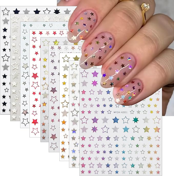 9 Sheets Shiny Twill Star Nail Stickers 3D Self-Adhesive Holographic Laser Color Gold and Silver Five-Pointed Star Design Women Girls Nail Art Decoration