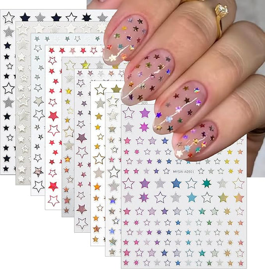 9 Sheets Shiny Twill Star Nail Stickers 3D Self-Adhesive Holographic Laser Color Gold and Silver Five-Pointed Star Design Women Girls Nail Art Decoration