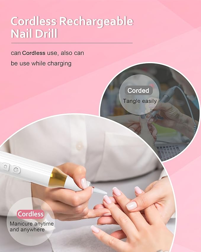 Nail Drill,Cordless Electric Files for Gel Nails E-File Manicure Kit Women Rechargeable Drill para Uñas Profesional Machine Grinder Acrylic White (M918)