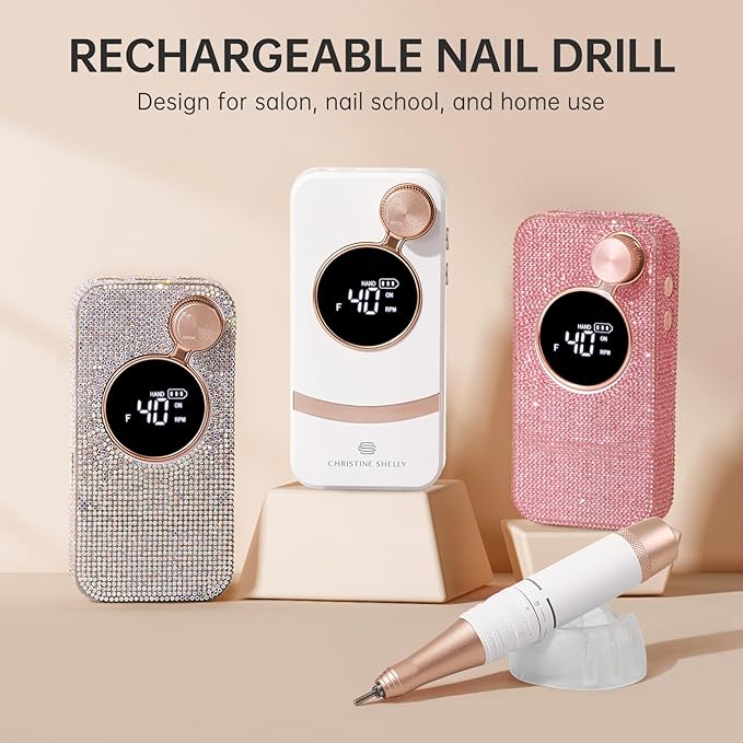 Electric Nail Drill,40000RPM Cordless Nail File Diamond with 12 Drill Bits for Acrylic Nails Gel Polishing,E File Nail Kit Machine for Manicure Salon Home (AB White Diamond)