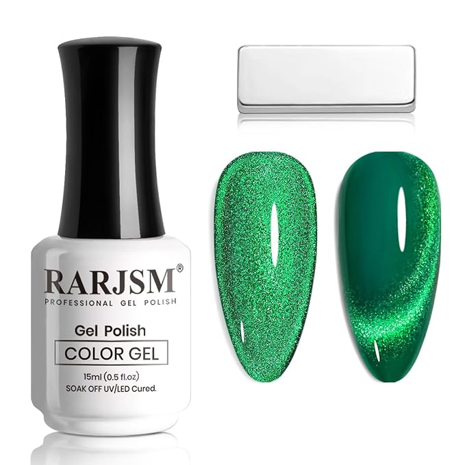 RARJSM Green Cat Eye Gel Nail Polish with Magnet Stick Diamond Emerald Green Velvet Cateye Gel Polish 15ml Single Bottle Sparkle Shimmer UV LED Curing Requires Soak Off Home Salon Christmas Manicure