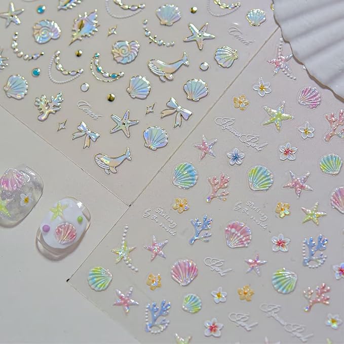 Holographic Ocean Theme Nail Art Decals, 2 Sheets, Self-Adhesive Stickers with Seashells, Dolphins, Starfish, Coral Design for Women's Nail Decoration