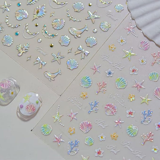 Holographic Ocean Theme Nail Art Decals, 2 Sheets, Self-Adhesive Stickers with Seashells, Dolphins, Starfish, Coral Design for Women's Nail Decoration