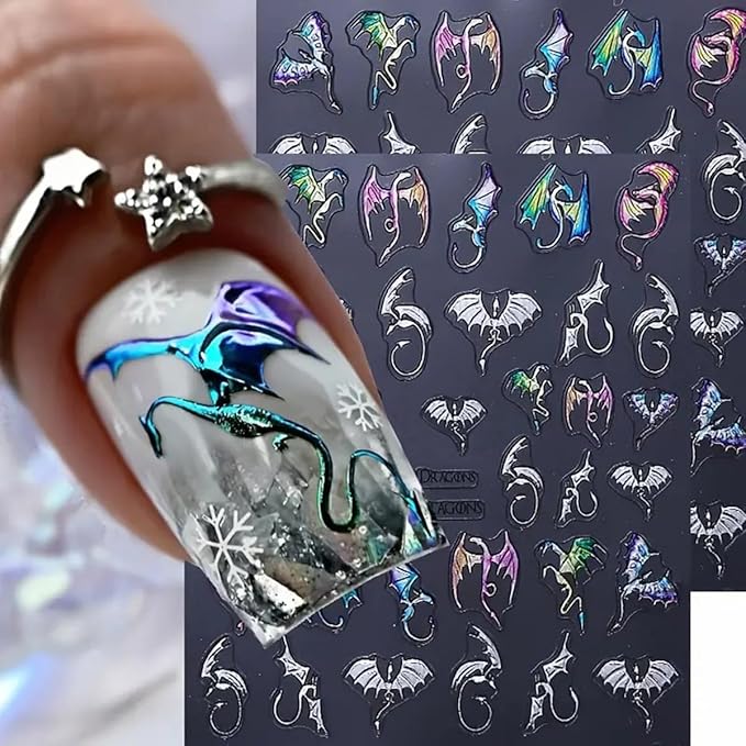 Halloween Nail Stickers 5D Dragon Nail Art Stickers 2PCS Laser Silvery Flying Devil Bat Nails Design Embossed Nail Decals Flying Dragon Manicure Sticker Supply for Women Nail Art Decorations