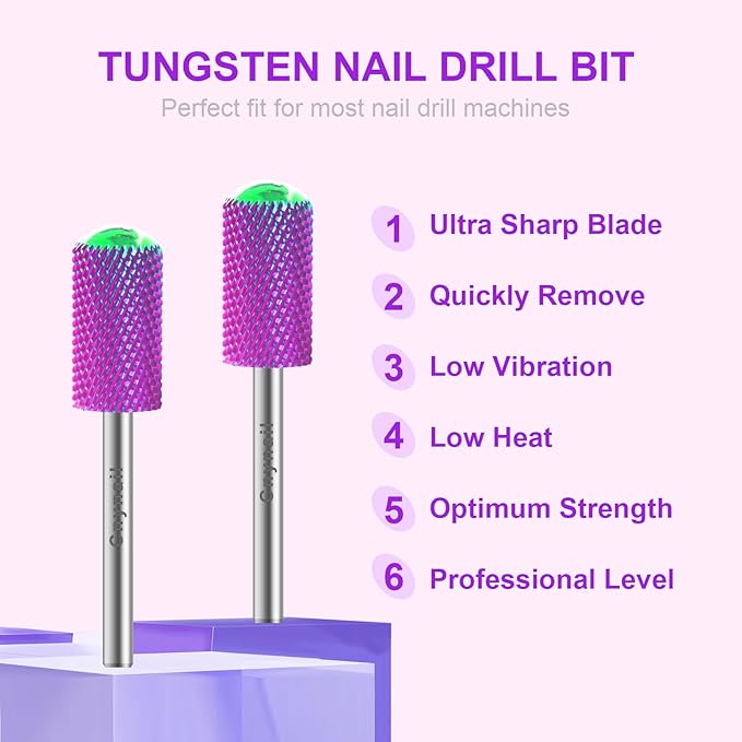 3/32" 2PCS Large Barrel Smooth Round Top Tungsten Carbide Nail Drill Bit Safety Bit for Gel & Acrylic Removal, 2-Way Rotating Efile Tip, Salon Electric File Accessory (M Grit, Purple)