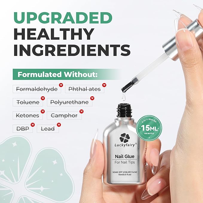 Gel Nail Glue Super Strong: 15ml Nail Glue Gel 6 in 1 for Acrylic Nails Tips and Clear Press on Fake Nails Long Lasting, Salon Art Gift DIY at Home Need U V Light Cured