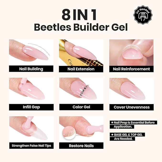 Beetles Builder Gel Set-Sheer Luck 6 Colors 8 in 1 Building Apex Strengthening Thickening Extension DIY Salon at Home for Beginner,Nude Pink Builder Nails Gel,UV & LED Lamp Needed