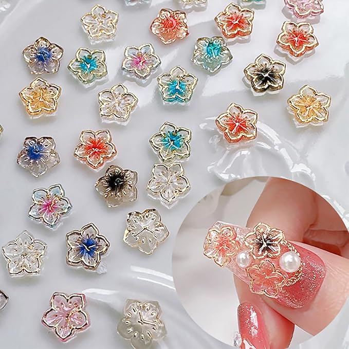 56Pcs Colorful Flower Nail Charms Clear Colour Crystal Nail Charms for Nails 3D Acrylic Gems Nail Supplies Luxury Gold Edge Nail Rhinestones Design Cute Glitter Nail Art Charms for Women Girls DIY
