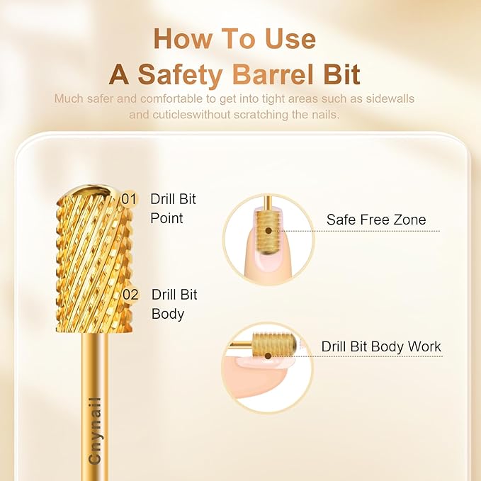 3/32" Large Barrel Smooth Round Top Tungsten Carbide Nail Drill Bit Safety Bit for Gel & Acrylic Removal, 2-Way Rotating Efile Tip, Salon Electric File Accessory (XC Grit, Gold)