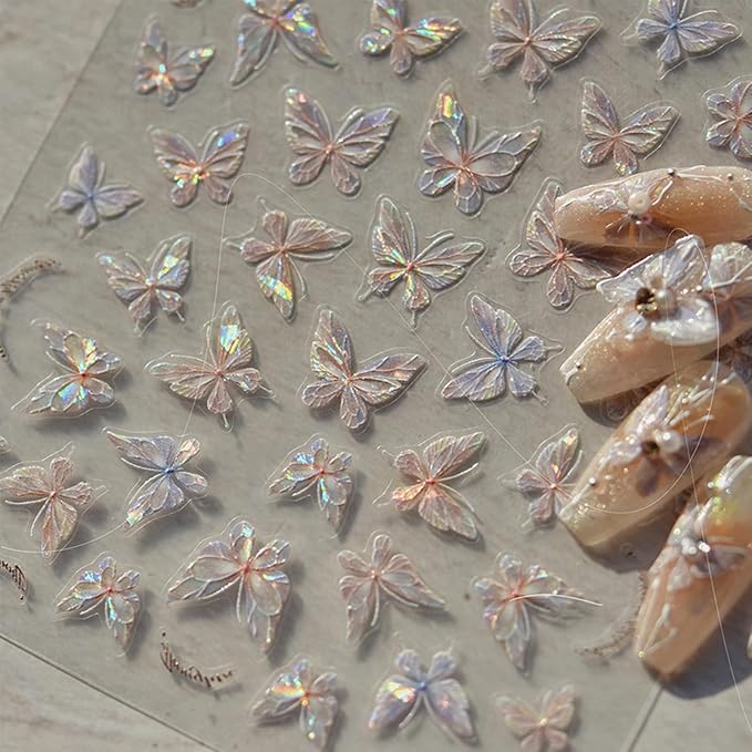 6 Sheets Butterflies Nail Art Stickers, 3D Self-Adhesive Shining Aurora Shell Nail Decals for Women, Laser Butterfly Design for DIY Nail Supplies Decoration