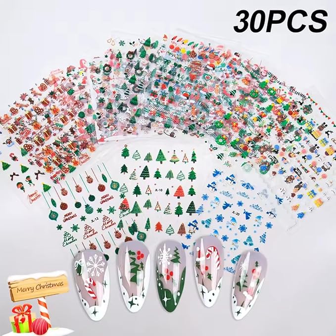 30 Sheets Christmas Nail Art Stickers Decals 3D Self Adhesive Christmas Nail Decals Santa Claus Elk Snowman Christmas Tree Nail Decorations Winter Nail Stickers for Women DIY Acrylic Nail Supplies