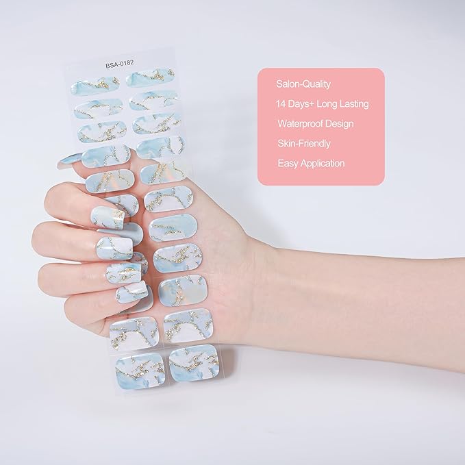 No Lamp Gel Nail Strips 22 Pcs Wraps - Marble Blue, Easy Apply Gel Nail Stickers Long Lasting, Salon-Quality, 2 Prep Pads, 1 File, 1 Wooden Stick