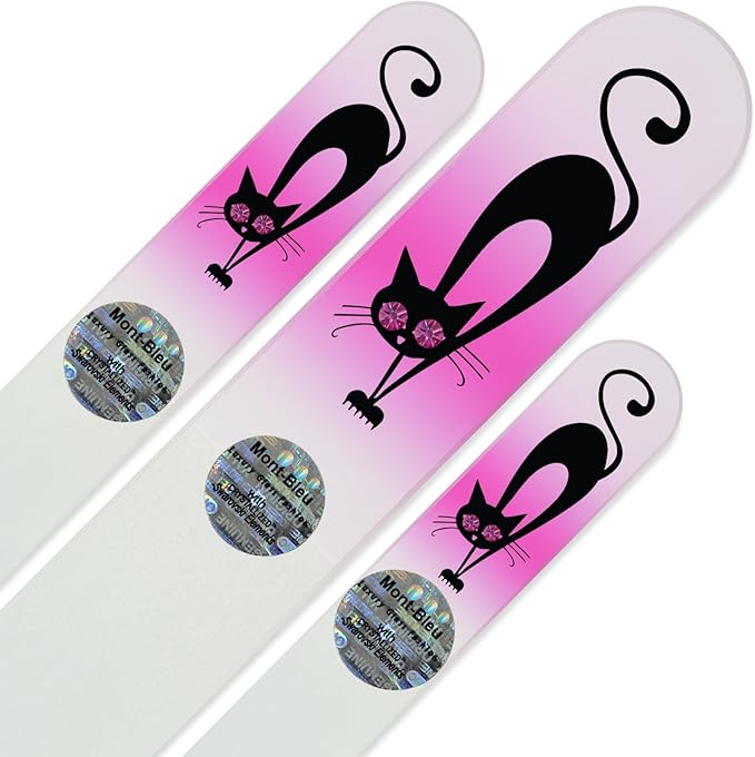 Mont Bleu Set of 3 Cats Crystal Nail Files Hand Decorated with Crystals - Handmade - Czech Tempered Glass