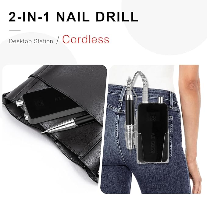 2-in-1 Brushless Nail Drill, AZ GOGO 35000RPM Professional Salon Electric Cordless Nail File Rechargeable Portable Nail Drill Machine for Gel/Acrylic Nails (Black)