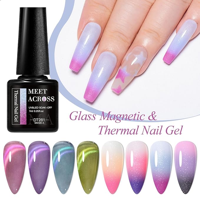 MEET ACROSS 8pcs Cat Eye Gel Nail Polish Set, Soak off UV LED Lamp Home Manicure Kit 7ml (Cat Eye + Glitter Warm Up)