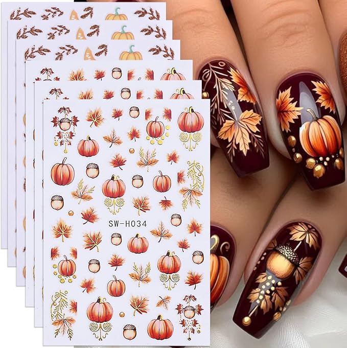 Pumpkin Nail Art Stickers Fall Maple Leaf Nail Decals 6PCS Maple Leaves Pumpkin Nails Design 3D Self-Adhesive Nail Art Supplies Fall Stickers for Nails Thanksgiving Day Women DIY Manicure Decorations