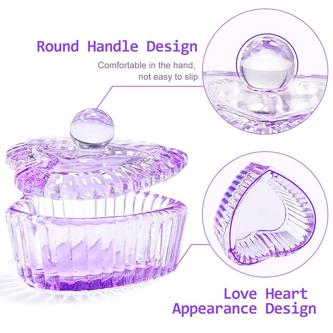 Crystal Sweet Heart Shape Acrylic Liquid Powder Glass Dappen Dish Glass Cup w Cap Lid Bowl for Acrylic Nail Art Transparent Kit (HJ-NAPB071-Purple-2pcs)