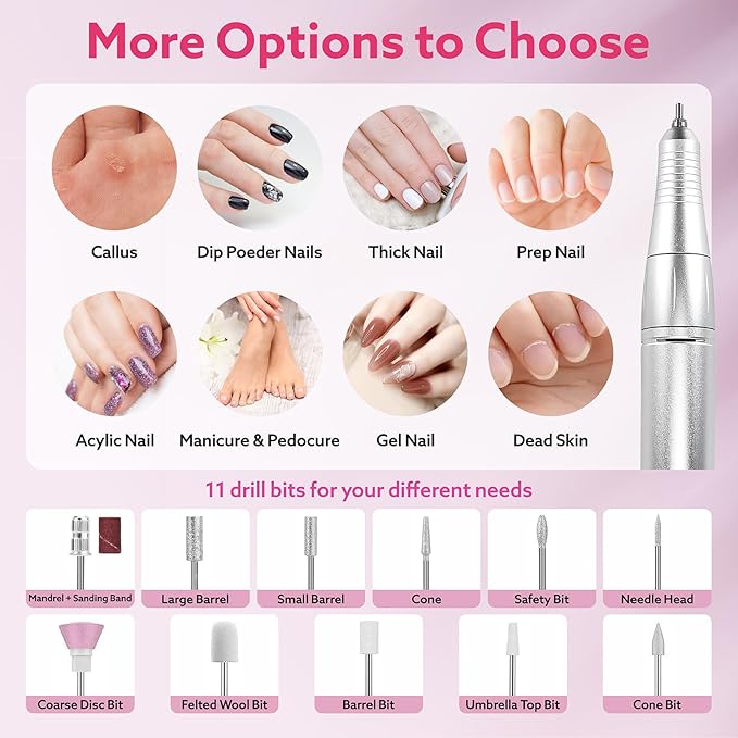 Nimmu Portable Nail Drill Professional, 45000RPM Electric Nail File for Acrylic Nail Remove Gel Polish, Rechargeable Nail Drill Machine with 11 Bits Kit for Manicure Salon Home (Purple)
