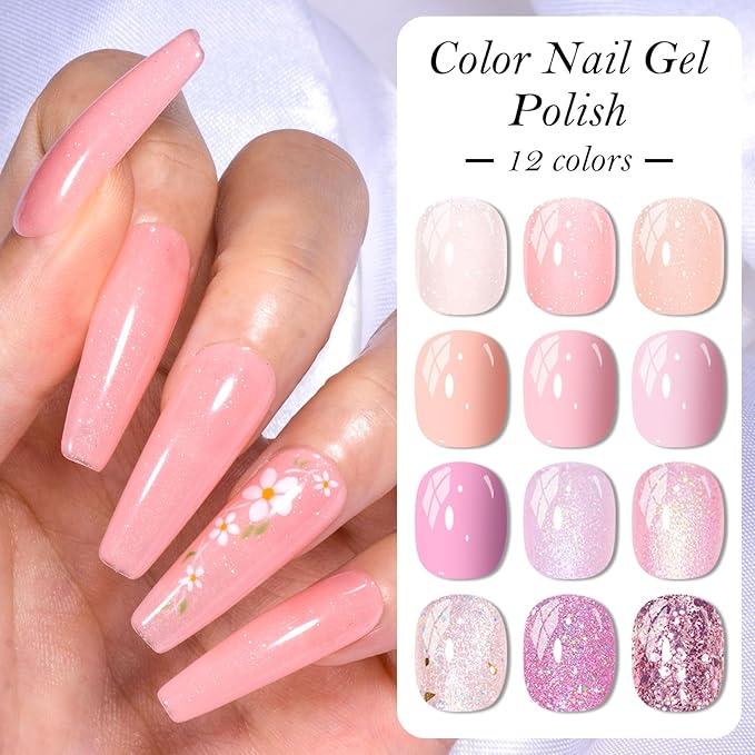 MEET ACROSS 12PCS Gel Nail Polish Set, 12 Colors Gel Nail Kit Art Design Soak Off UV LED,Nail Art Design Gifts for Women (Pink, 12PCS)