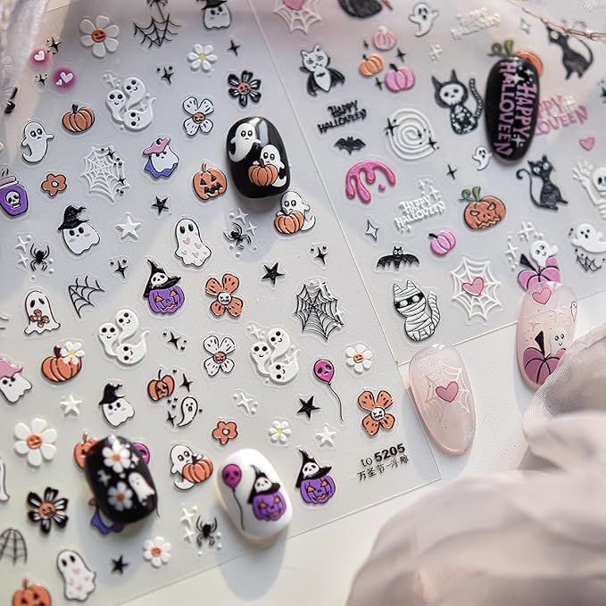 5D Embossed Cute Halloween Nail Art Stickers Self-Adhesive Ghost Nail Stickers with Spider Web Pumpkin Flower Designs Sticker Goth Nail Decals Holiday Nail Decorations for Women Acrylic Manicure Tips