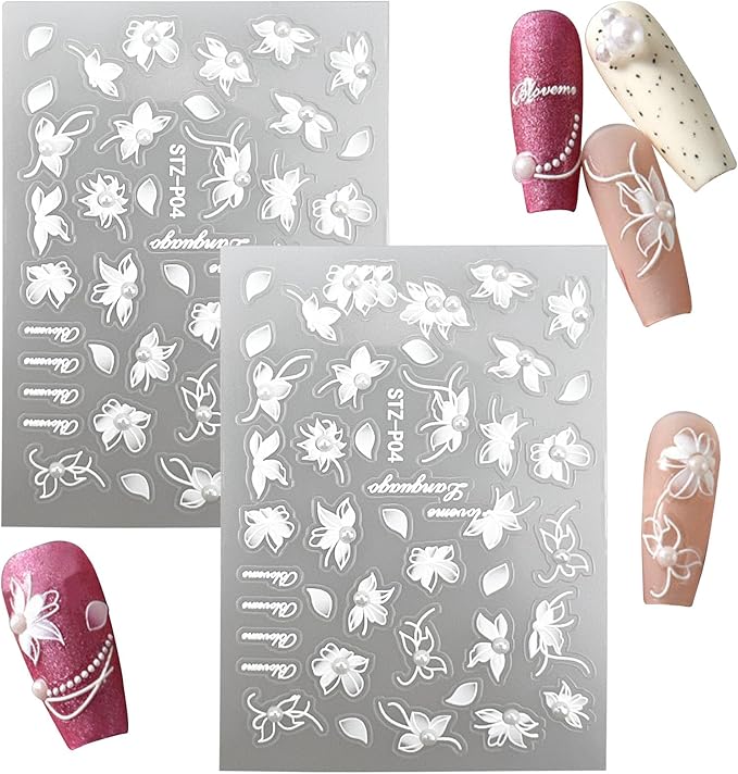 2 Sheets 5D Embossed Flower Nail Stickers, White Floral Self-Adhesive Pearls Nail Art Decals for Women Girls Salon Home DIY Manicure Decoration