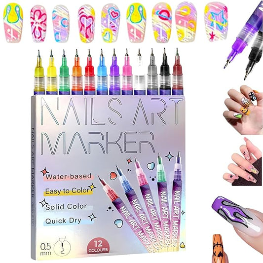 12 Colors Nail Art Pens Set,Upgraded Nail Art Markers for Art Design Acrylic Paint Marker,3D Polish Pencil for Gel Nails,Quick Drying Waterproof DIY Pen for Home & Salon Manicure Tools (12 Pcs)