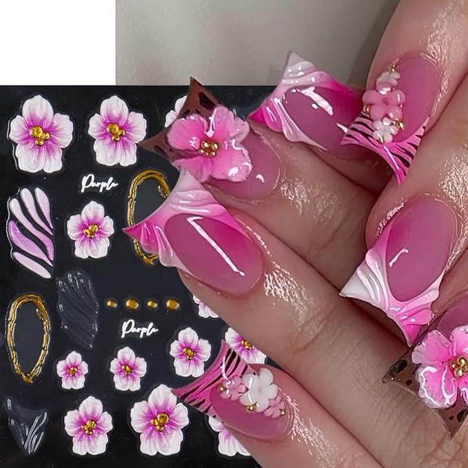 4 Sheets Flower Nail Art Stickers Decals 5D Embossed Flower Leopard French Line Nail Decals Pink Floral Leopard Nail Art Design Pink Flowers Coil Nail Supply for Women Winter DIY Manicure Decorations