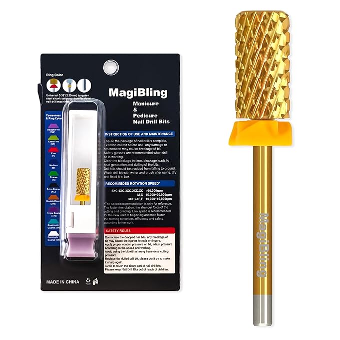 Super Cut Large Barrel Nail Drill Bits, 3/32'' Professional Tungsten Carbide Bits, Remove Hard and Soft Gel Fast, Right Hand Use, Manicure Pedicure Cuticle Gel Polishing, Gold Color, Double Coarse.
