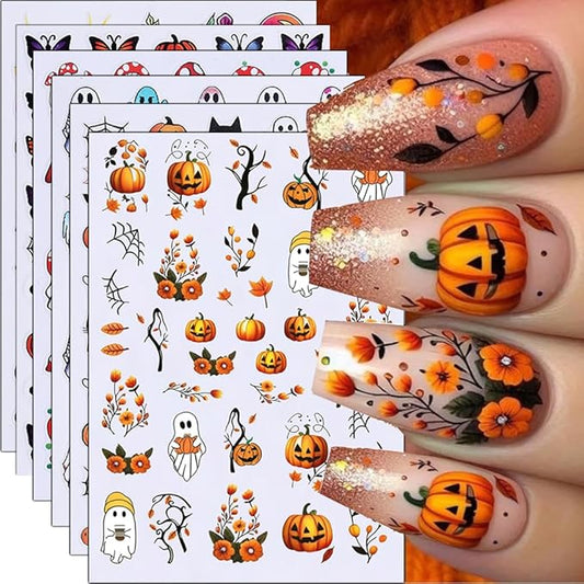 Halloween Nail Stickers Cat Ghost Skull Nail Art Stickers Spider Web Nail Decals DIY Self Adhesive Cute Cartoon Pumpkin Butterfly Design Sticker Nail Decoration for Women Manicure Accessories 6Pcs