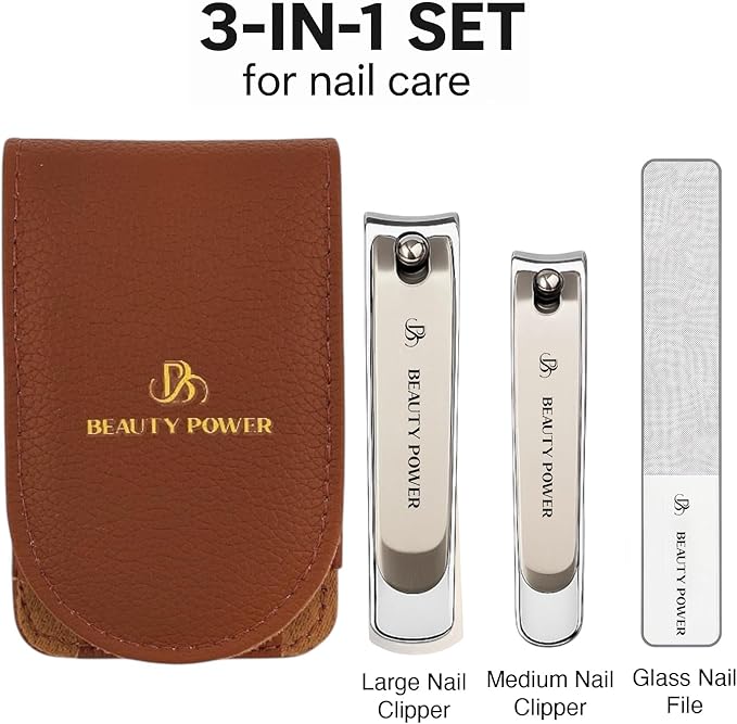 Nail Clippers Set 3 in 1 - Stainless Steel Toe Nail Clippers, Fingernail Clipper, Glass Nail File, Anti Splash, Ergonomic Grip in PU Leather Travel Case for Men & Women (Brown Case)