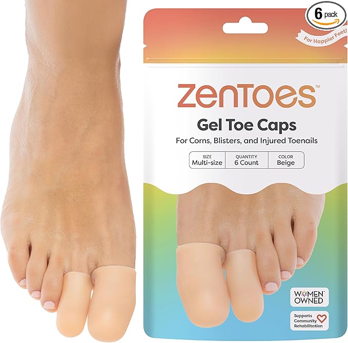 ZenToes 6 Pack Gel Toe Cap and Protector - Cushions and Protects to Provide Relief from Missing or Ingrown Toenails, Corns, Blisters, Hammer Toes (Variety, Beige)