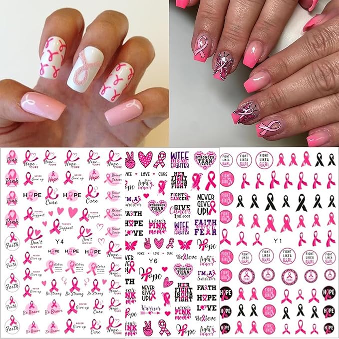 6Sheets Breast Cancer Awareness Nail Stickers - Self-Adhesive Pink Ribbon Decals for Women - DIY Nail Art Design Supplies with 'Love Heart' & 'Letter' Themes