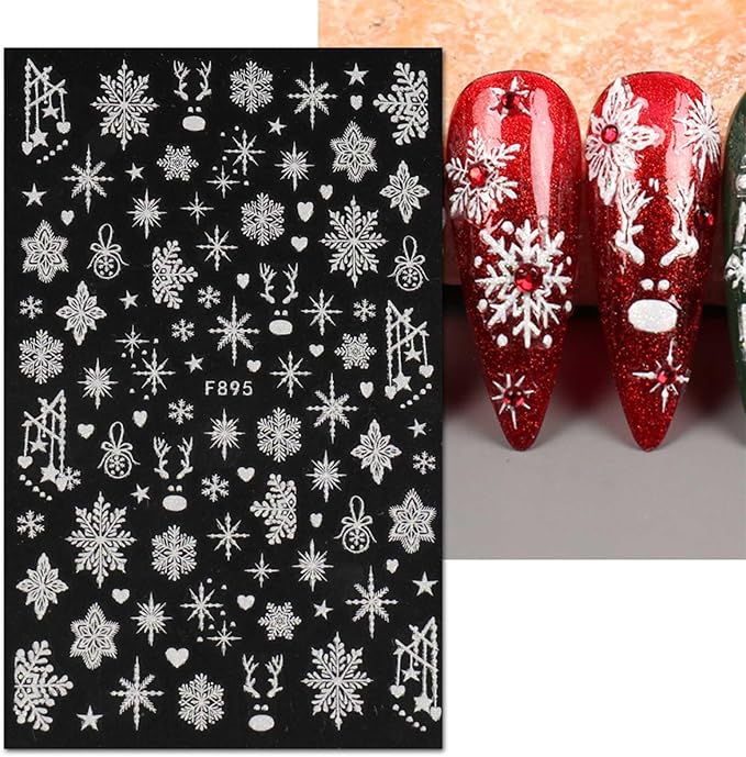 JMEOWIO 8 Sheets Christmas Glitter Nail Art Stickers Decals Self-Adhesive Pegatinas Uñas White Snowflake Xmas Winter Holiday Cute Nail Supplies Nail Art Design Decoration Accessories