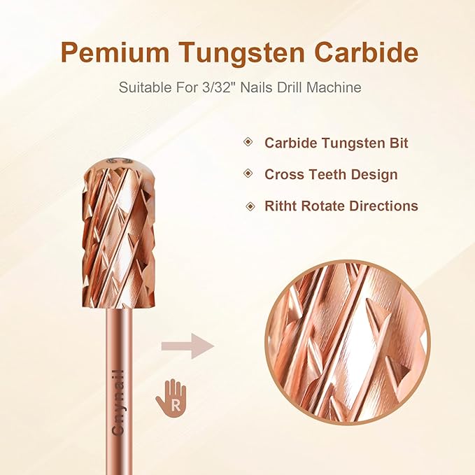 3/32" Large Barrel Smooth Round Top Tungsten Carbide Nail Drill Bit Safety Bit for Gel & Acrylic Removal, Right Way Rotating Efile Tip, Salon Electric File Accessory (5XC Grit, Rose Gold)