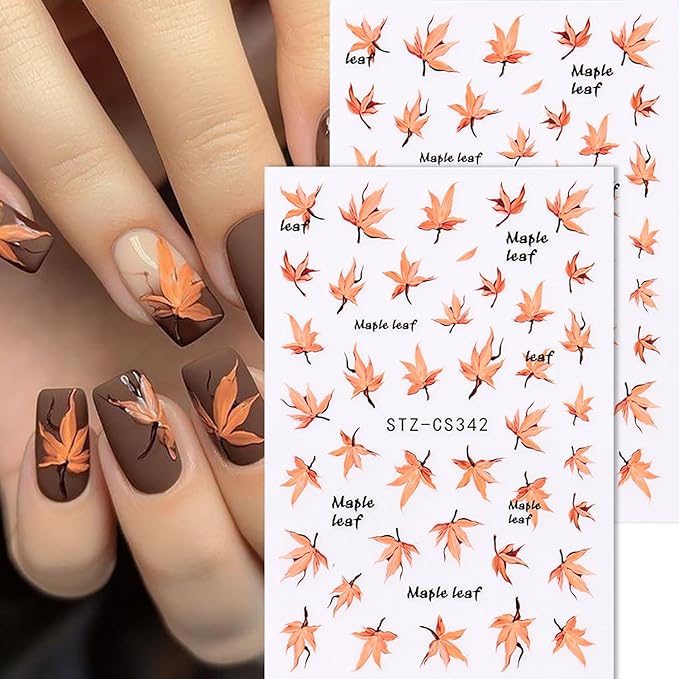 6 Sheets Fall Nail Stickers for Nail Art Orange Red Maple Leaves Nail Art Stickers Glitter Thanksgiving Pumpkin Nail Decals 3D Self-Adhesive Autumn Maple Leaf Nail Decoration for Women