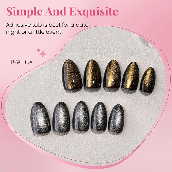 evpct Cat Eye Gold Silver Press on Nails Almond Short, Gold Silver Metal Short Almond Soft Gel Press on Nails with Nail Glue, 60Pcs Reusable Acrylic Fake Press-on Nail Polish Kit for Women Gift
