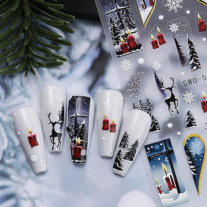 5D Embossed Christmas Nail Stickers for Nail Art - Snowflake Nail Art Stickers Xmas Tree Light Ball Gift Nail Decals Elk Deer Nail Supplies for Women DIY Christmas Decorations 4 Sheets
