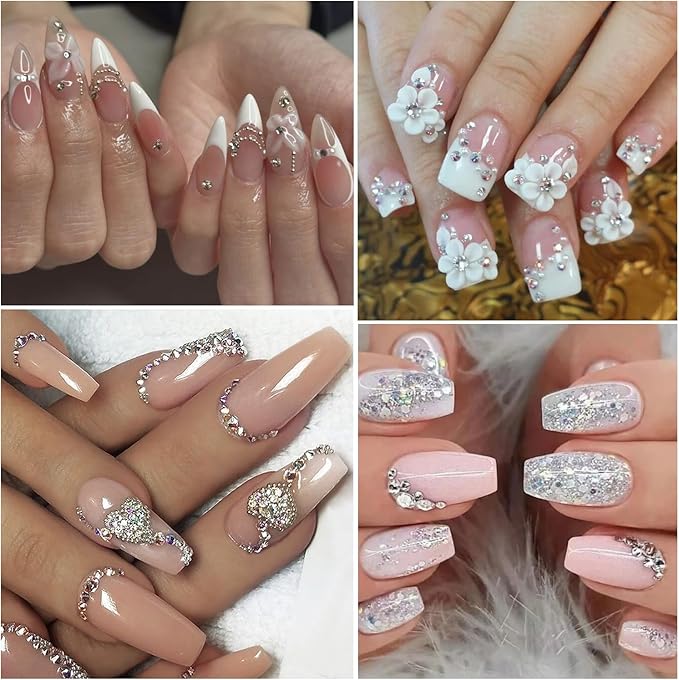 12Grids Shiny Rhinestone Nail Art Charms - 3D Colorful Rhinestones Nail Charms for Acrylic Nails Sliver Diamonds Nail Jewelry with Sliver Flat Back Designs for Women DIY Manicure Crafts Decor Supply