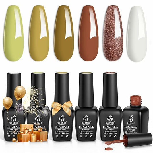 Beetles Winter Gel Nail Polish Set - 6 PCS Brown Green Glitter Holiday Gel Polish Kit Yellow Green Nail Art Soak Off UV Nail Gel Polish DIY Manicure Kits