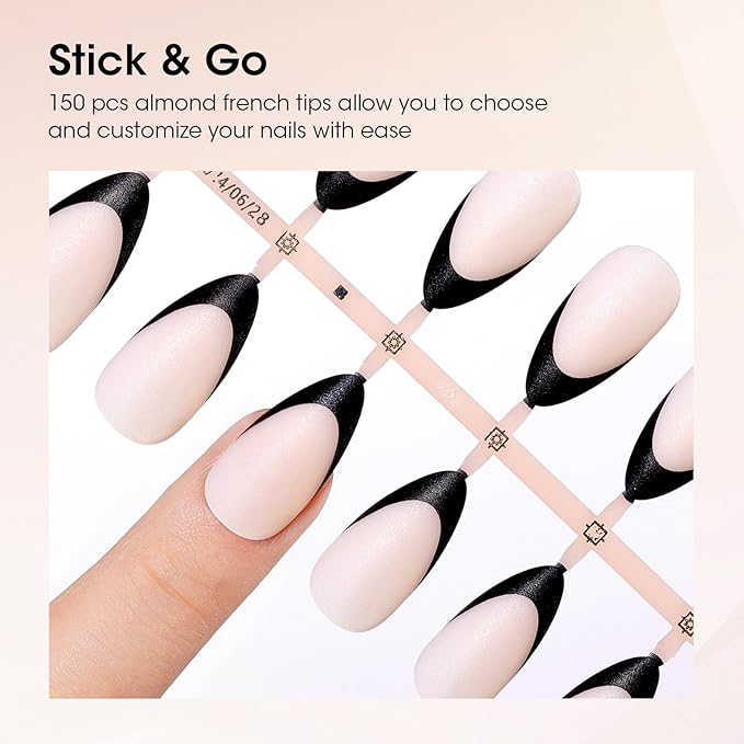 Gellen French Gel Nails, Soft Almond French Tip Press on Nails 150 Pcs, Classic Pink French Tip Nails, 3 in 1 No Need to File Natural Full Cover Tips 15 Sizes, Glue On Nails for Women Nails Art