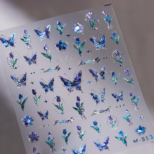 Butterfly Nail Art Stickers - Blue Butterflies, Flower Designs, 5D Embossed Decals, Shiny Accessories for Women & Girls. Great for Spring-Summer Nail Art Decoration
