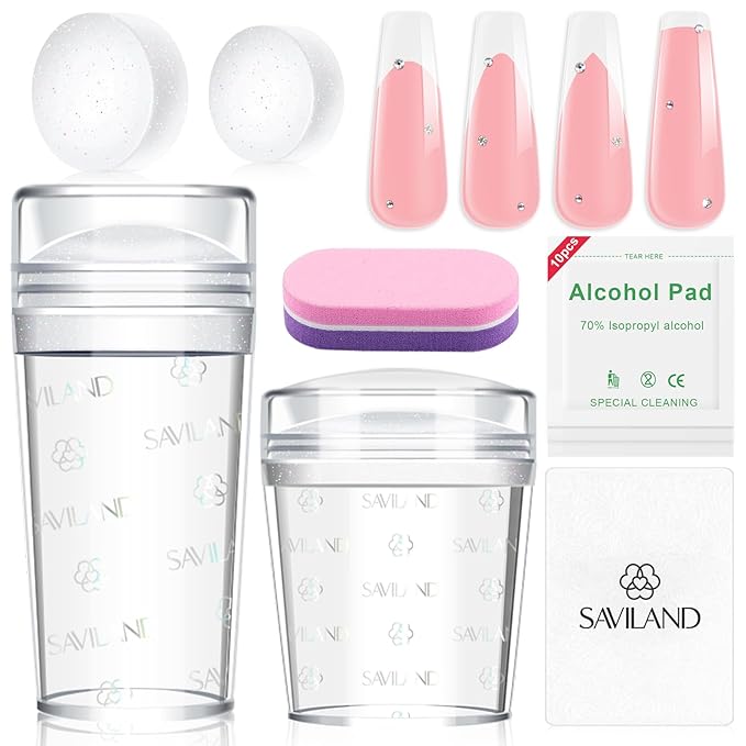 Saviland French Tip Nail Stamp: 7PCS Colorful Glitter Nail Stamp and Replaceable Silicone Stamper Head Nail Scrapers French Tip Nail Tool Kit for Beginner DIY Nail Art Design Home Salon