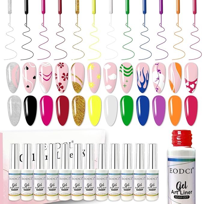 Nail Art Gel Liner Set, 12 Colors Black White Hot Pink Yellow Green Glitter Fall Winter Gel Polish for Swirl French Tip Painting Designs Soak Off Built Thin Brush DIY Nail Design Kit