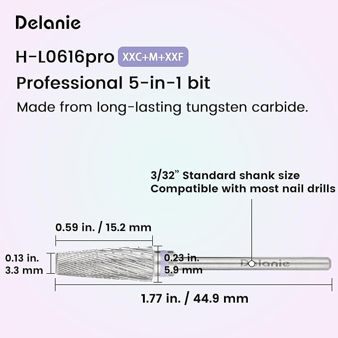 Delanie Professional 5-in-1 Carbide Nail Drill Bit for Professional Nail Tech, 3/32", XXC+M+XXF