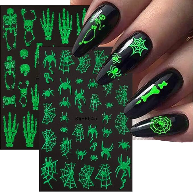 Halloween Nail Art Stickers Decals Horror Skull Spider Web Nail Decals Glow in The Dark Halloween 3D Self-Adhesive Nail Stickers for Nail Art DIY Manicure Tip Holidays Nails Decoration 4 Sheets